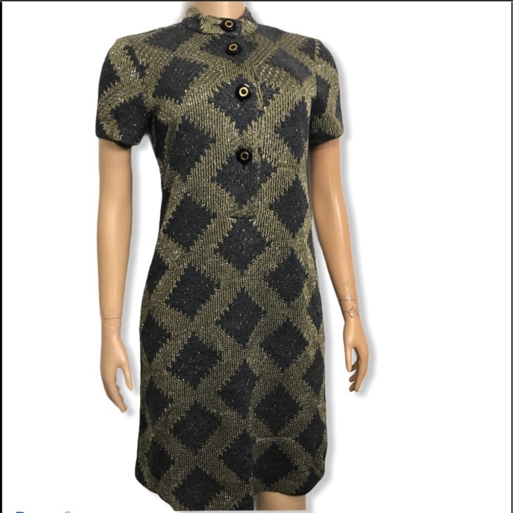 Tory Burch Knit shift Dress Argyle details Gold Metallic / Charcoal Gray/green